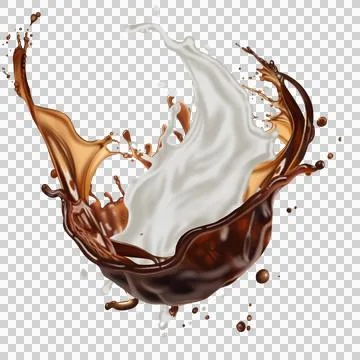 The  dark brown coffee splashes with the roasted coffee beans float in the air. Stock Illustration
