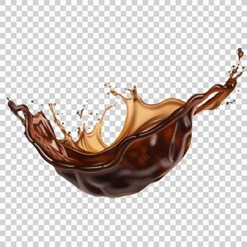 The  dark brown coffee splashes with the roasted coffee beans float in the air. Stock Illustration