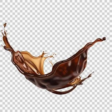 The  dark brown coffee splashes with the roasted coffee beans float in the air. Stock Illustration
