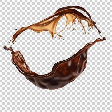 The  dark brown coffee splashes with the roasted coffee beans float in the air. Illustrazione stock