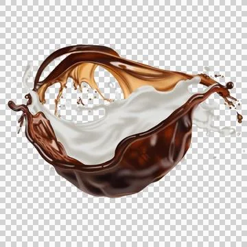 The  dark brown coffee splashes with the roasted coffee beans float in the air. Stock Illustration