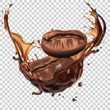 The  dark brown coffee splashes with the roasted coffee beans float in the air. Stock-Illustration