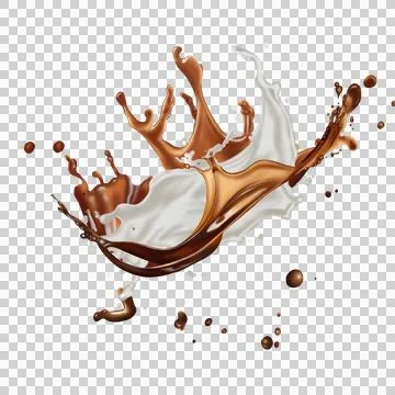 The  dark brown coffee splashes with the roasted coffee beans float in the air. Stock Illustration