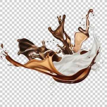 The  dark brown coffee splashes with the roasted coffee beans float in the air. Stock Illustration