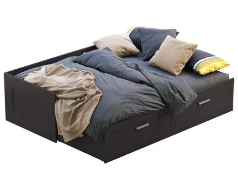 Dark brown double bed with storage. 3d render Stock Illustration