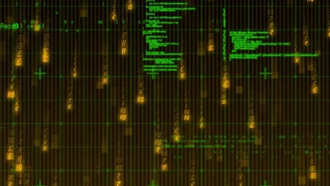 Dark brown grid spawning green code clusters and raining gold symbols Video stock 317607958