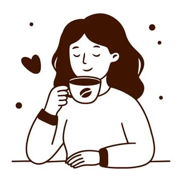A dark brown hand-drawn illustration of a smiling woman cradling a coffee cup Stock Illustration