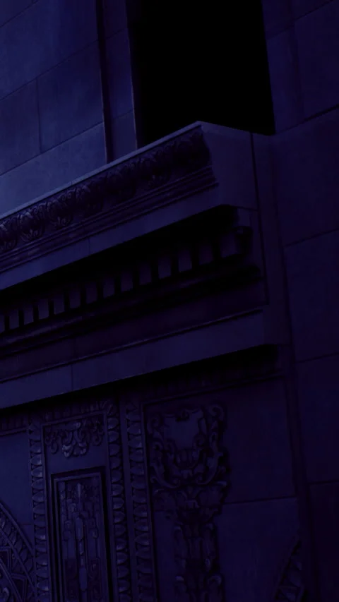 Dark building structure with shadowed features during nighttime Stock Footage 332230823