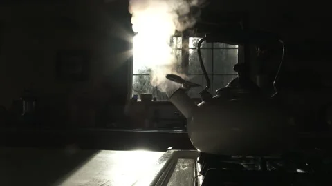 Dark Cabin Kitchen With Steaming Teapot Stock-Footage 149531302