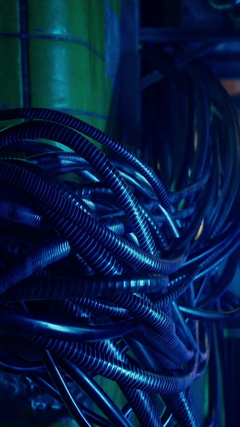 Dark cables arranged in tangled paths near a wall in a dimly lit space Stock Footage 341267223