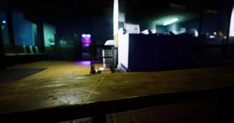 Dark cafe with blurred foreground and neon lights glowing 스톡 일러스트