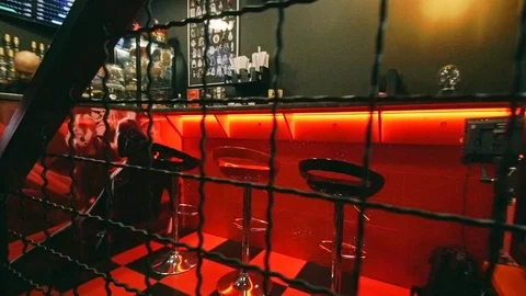 Dark cafe interiour in Star Wars style through the grid Stockbeeldmateriaal 115699343