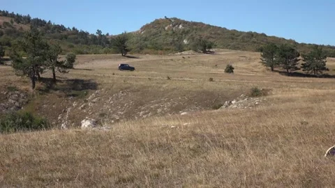 Dark car drives fast through mountainous terrain Stock Footage 130893075
