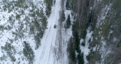 Dark car rides through a snowy forest Stock Footage