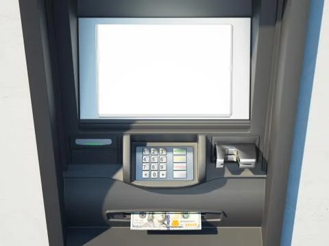 Dark cash machine on a bright wall. 3d rendering Illustrazione stock