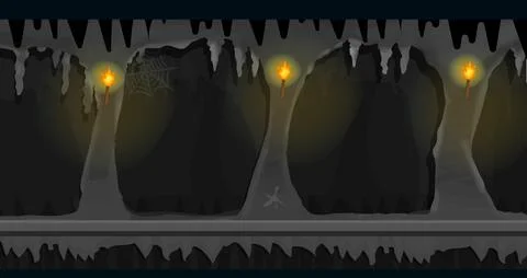 Dark cave game background tillable horizontally, dark terrible empty place with Stock Illustration