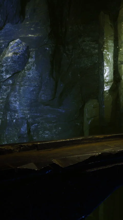 Dark cave with shiny walls and wooden path near water at night Stock Footage 334191760