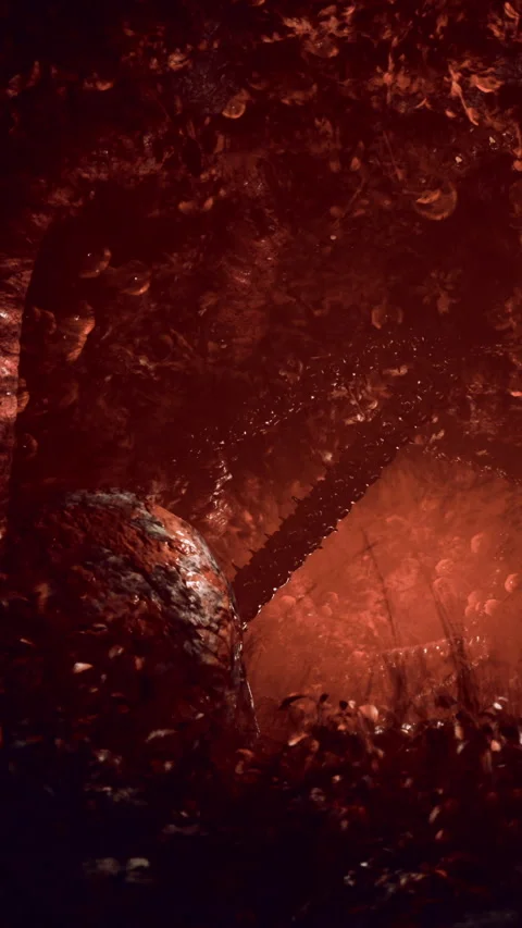 Dark cavern with red tones and shadows revealing shapes in the background Stock Footage 334171732