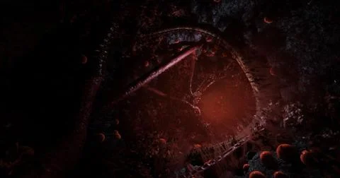 Dark cavern with twisted structures and glowing elements in the foreground Stock Illustration