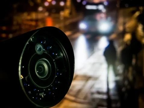 Dark cctv camera on a background of bus and people Stock Photos