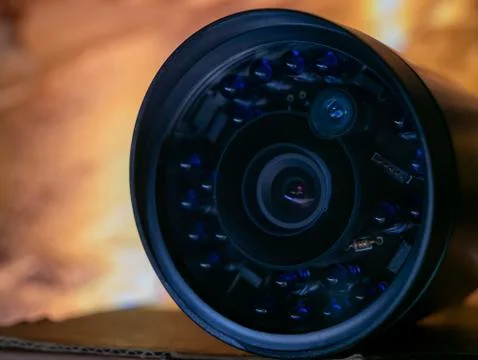 A dark cctv camera on orange background Stock Photos