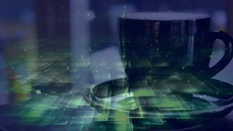 Dark ceramic coffee cup sitting on matching saucer, glowing grid overlay moving Stock Footage 307444179