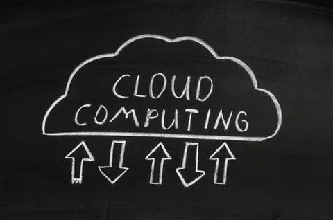 Dark chalkboard with a cloud computing illustration. Stock Photos