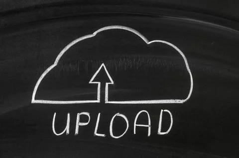 Dark chalkboard with a cloud upload illustration. Stock Photos
