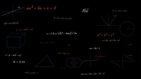 A dark chalkboard filled with handwritten white and red mathematical formul.. Stock Footage 346260508