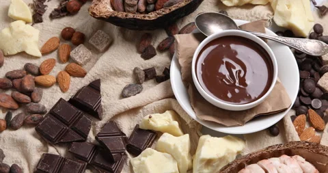 Dark chocolate and cocoa beans, cacao powder, cocoa butter culinary background,  Stock Footage 171786958