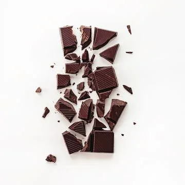 Dark chocolate chunks are broken and scattered over a plain white surface Stock Photos