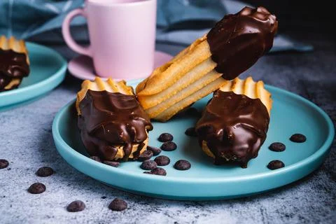 Dark chocolate coated half digestive biscuit with chocolate cookies and chips Stock Photos