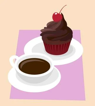 Dark Chocolate cupcake icing with cherry in red paper case. Black coffee in Stock-Illustration