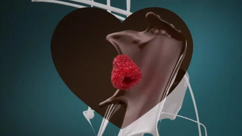 Dark chocolate fresh raspberry and milk heart shaped split screen splashing Stock Footage 253700348