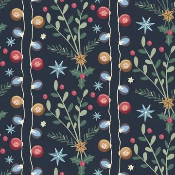 Dark Christmas seamless pattern with lights and plants Stock Illustration