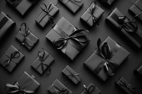 Dark Christmas theme. Square boxed gifts wrapped in black paper and ribbon... 写真素材
