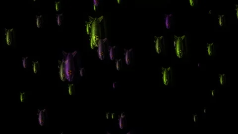 Dark cinematic scene of falling nuclear bombs marked with radiation symbols Stock Footage 330265569