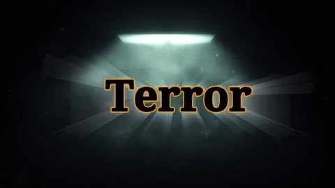 Dark cinematic text animation featuring the word terror under glowing spotlight Stock Footage 345499595