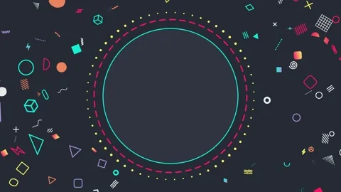 Dark circle badge with rotating dashed neon rings and Memphis shapes around it Stock Footage 348277648