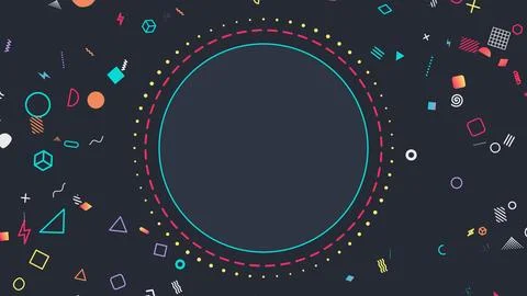 Dark circle badge with rotating dashed neon rings and Memphis shapes around.. Stockillustratie