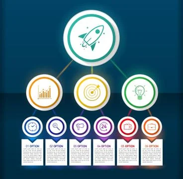 Dark circle design infographic elements with lines, icons and text blocks. Bl Stock Illustration