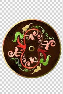 A dark circle, inside which are hand-drawn stylized plants in the Old Russian Stock Illustration