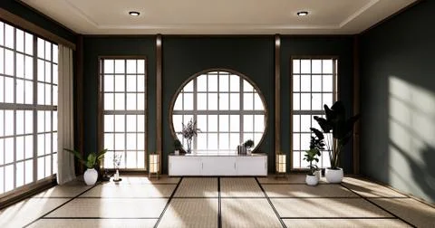 Dark Circle wall design and cabinet on empty  Living room japanese deisgn wit Stock Illustration