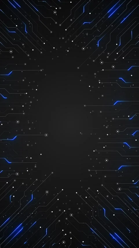 Dark circuit board tech blue glowing traces, white nodes, corner patterns, and e Stock Footage 340556535