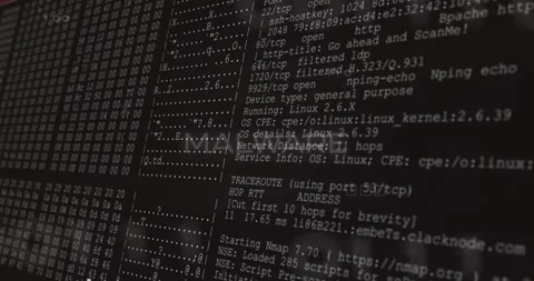 Dark circuit initiating title morphing from MALL to MALWARE as Nmap scan Video stock 317118855
