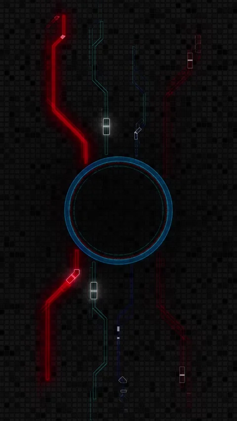 Dark circuit ring interface blue circular target, red electronic paths, grid tex Stock Footage 340528341