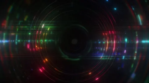 Dark Circular Light Rings and Neon Dots Abstract Tech Background Stockbeeldmateriaal 332338476