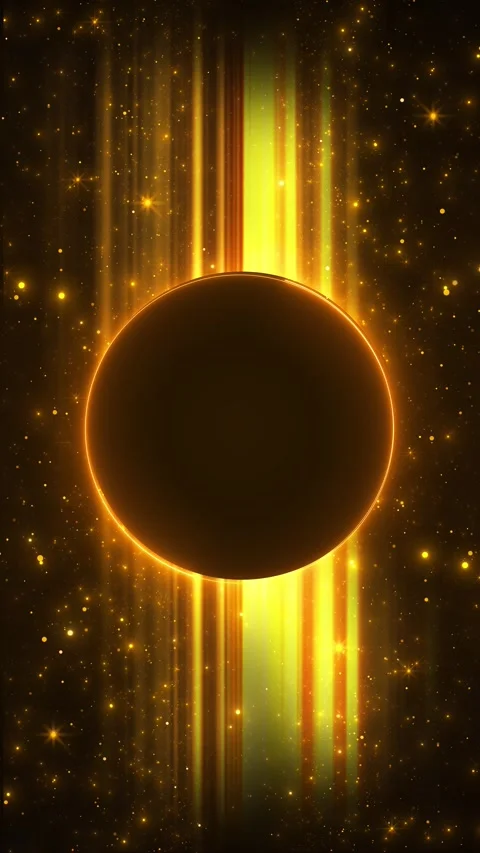 Dark circular orb with a radiant amber rim floats before bright horizon beams Stock Footage 341005074
