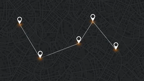 Dark city map background with dotted route line connecting white location pins Stock Illustration