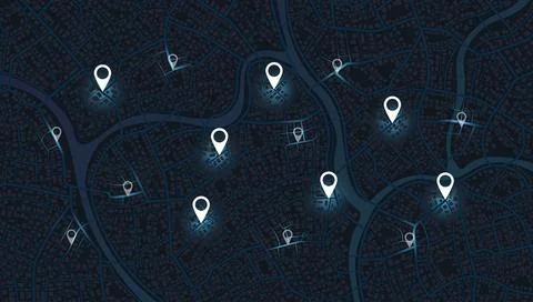 Dark city map background with glowing location pins. Urban navigation network Stock Illustration